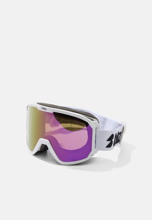 White ski goggles with purple-tinted lenses, sleek design, adjustable white strap with black branding, and a gray foam lining for comfort.