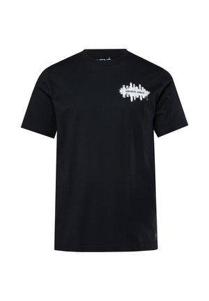 Schwarzes Baumwoll-T-Shirt mit kurzen Ärmeln, ausgestattet mit einem weißen, aufgedruckten "CONCRETE JUNGLE"-Design auf der linken Brust. Lässiger Schnitt und Rundhalsausschnitt.