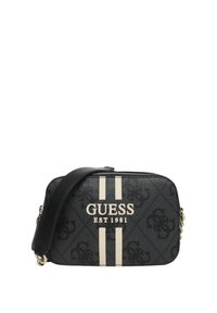 Borsa a tracolla nera con motivo logo in rilievo, due strisce verticali bianche, hardware dorato e una tracolla regolabile.