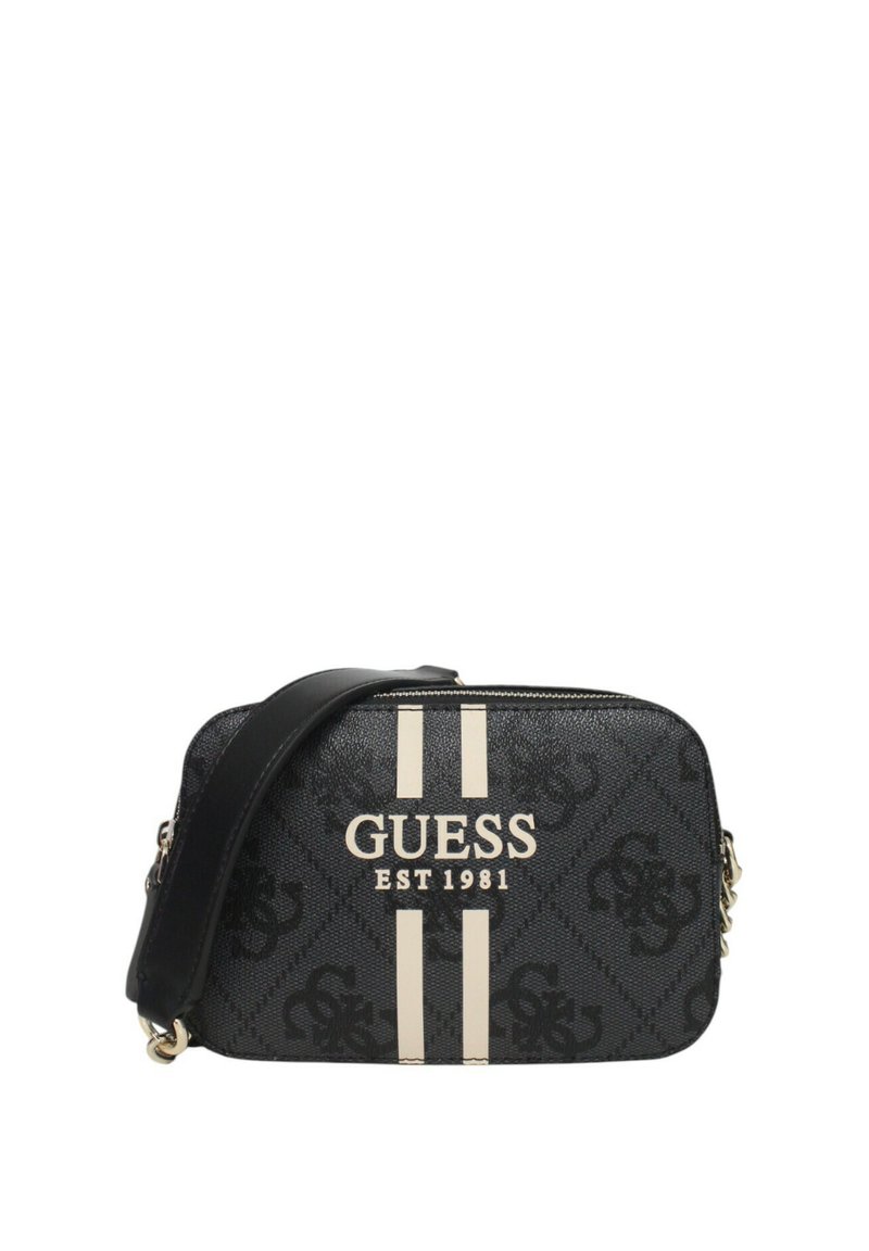 Borsa a tracolla nera con motivo logo in rilievo, due strisce verticali bianche, hardware dorato e una tracolla regolabile.