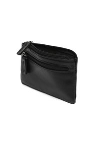 Mustapuhdas nahkapussi, jossa on sileä pinta, kahdella vetoketjullisella osastolla ja litteällä muotoilulla. Kompakti ja käytännöllinen järjestelmään.