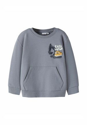 Grauer Sweatshirt aus weichem Material mit Rundhalsausschnitt, gerippten Bündchen, Fronttasche und bedrucktem gelben Baggerdesign mit dem Text "EXCAVATOR".