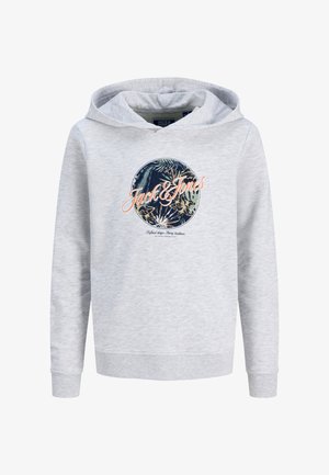 Hoodie gris clair avec un graphic circulaire à l'avant mettant en vedette des feuilles tropicales et le texte "Jack & Jones." Tissu doux avec une coupe décontractée.