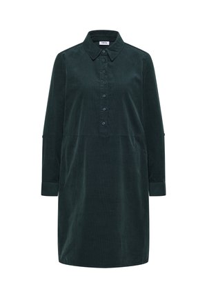 Vestido camisa de manga larga de pana en verde oscuro con cuello, tapeta de botones y puños.