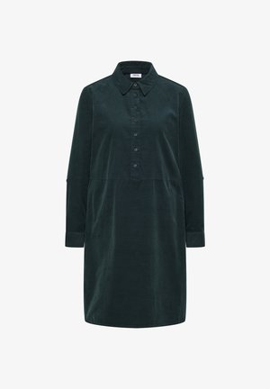 Tmavě zelené kordové šaty s dlouhým rukávem, límcem, knoflíkovou légou a manžetami.