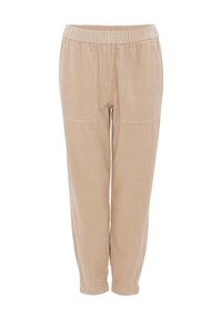 Pantalon en velours côtelé beige avec taille élastique, poches plaquées avant, jambes fuselées et ourlets retroussés.