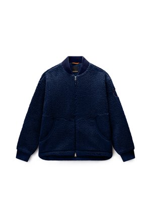 Navy blue fleece jacket with front zipper, ribbed collar and cuffs, and two side pockets, displayed on a white background.