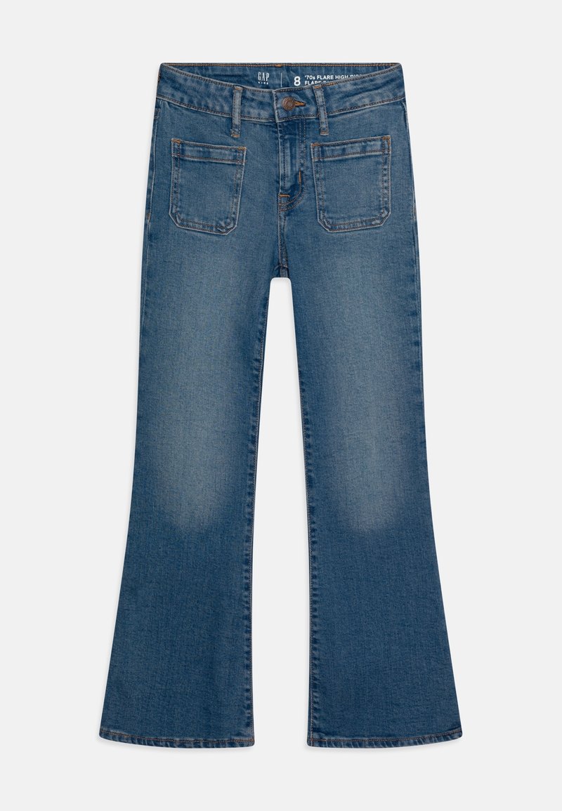 Jean évasé pour enfants en denim bleu avec poches avant plaquées, passants pour ceinture et fermeture par bouton, taille 8.