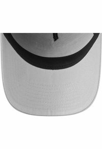 Gray baseball cap with a black brim, featuring a textured surface and a thin stitching pattern along the edge. No logos or graphics visible.