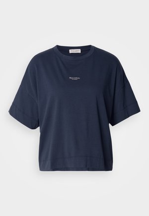 Navy blue, short-sleeved t-shirt made of soft cotton. Features a crew neckline and a small logo printed on the chest. Casual fit.