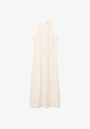 Rochie fără mâneci, lungime până la podea, de culoare fildeș, cu gât rotund și croială relaxată, prezentată pe un fundal alb.