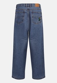 Blauwe denim wijde jeans met hoge taille, vijf zakken en een geborduurd cactusdetail op de achterzak. Schoon afgewerkt.