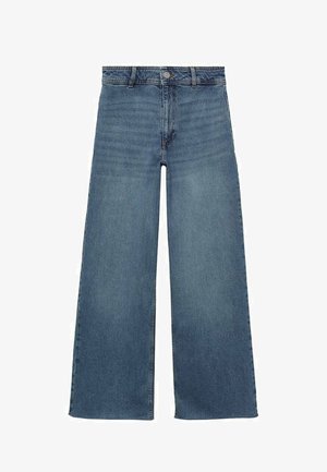 Blaue Jeans mit weitem Bein und hohem Bund, ausgestattet mit einem Knopf- und Reißverschluss sowie einer glatten, strukturierten Stoffoberfläche.