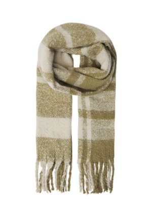 Zeleno-krémová károvaná šatka vyrobená z mäkkého, textúrovaného materiálu, s strapcami na koncoch a ľahkým dizajnom vhodným na vrstvenie.