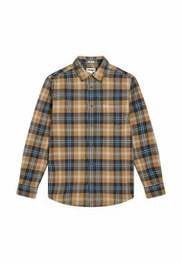 Långärmad rutig skjorta med en färgskala i senapsgul, blått och vitt, i bomullstyg, med knapp-ner krage och framfickan.