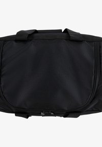 Black, rectangular bag made of textured nylon. Features dual zippers and two top handles for carrying. Simple design, no visible logos.