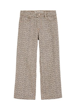 Leopard print wide-leg trousers made of soft fabric, featuring a button front, two front pockets, and a mid-rise waist.