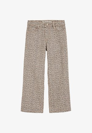 Pantalons larges en imprimé léopard en tissu doux, avec une fermeture à boutons à l'avant, deux poches avant et une taille mi-haute.