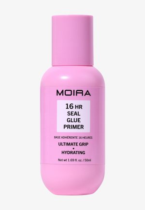 Moira pink bottle of 16-hour seal glue primer with ultimate grip and hydrating formula, 50 ml size.