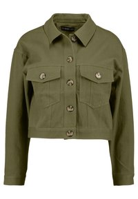 Veste cropped vert olive en tissu de coton robuste, avec un col chemise, un bouton de devant et deux poches poitrine à rabats.
