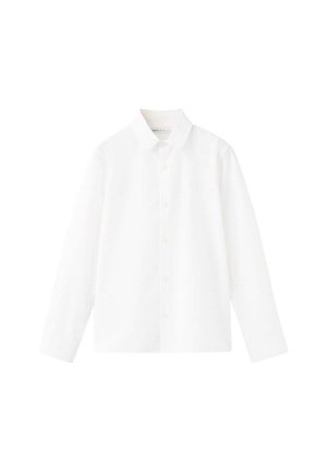 Chemise blanche à manches longues avec col et boutons, étalée à plat sur un fond blanc.