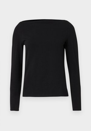 Top nero a maniche lunghe con scollo quadrato, realizzato in tessuto morbido. Presenta una silhouette aderente e polsini senza cuciture per un design pulito.