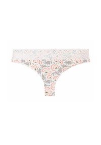 String en dentelle florale blanche avec des motifs roses et gris, comportant une taille en dentelle. Tissu doux avec une texture lisse.