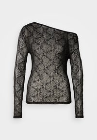 Čierny krajkový top s dlhými rukávmi, asymetrickým výstrihom, zložitým vzorom a priesvitnou textúrou, s pevným čiernym lemom.