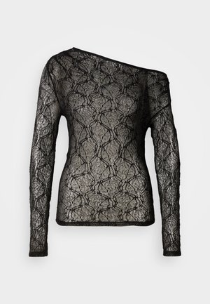 Svart blondetopp med lange ermer, asymmetrisk halslinje, intrikat mønster og gjennomsiktig tekstur, med en solid svart kant.