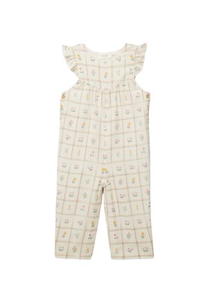 Combinaison bébé couleur crème avec manches volantées, côtés boutonnés et motif quadrillé de petits imprimés floraux roses, jaunes et verts.