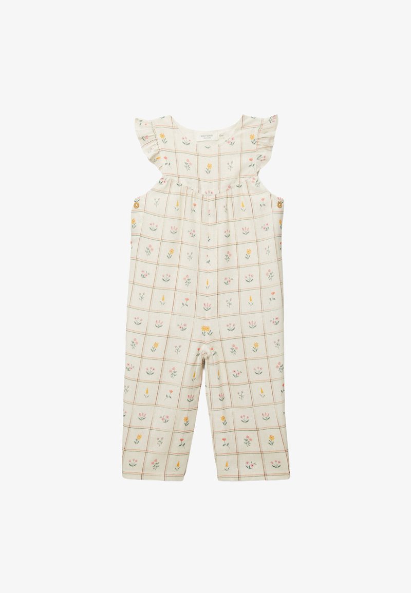 Combinaison bébé couleur crème avec manches volantées, côtés boutonnés et motif quadrillé de petits imprimés floraux roses, jaunes et verts.