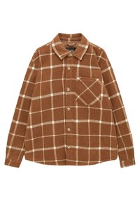 Brązowa koszula w kratę z flaneli, z białym wzorem siatki, z zapinaniem na guziki, kołnierzykiem i jedną kieszenią na piersi. Miękka tekstura i luźny krój.
