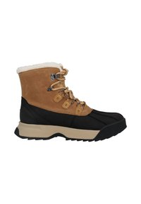 Botas de invierno marrones y negras con un suave forro blanco, suela de goma resistente y ganchos de metal para los cordones, diseñadas para condiciones climáticas frías.
