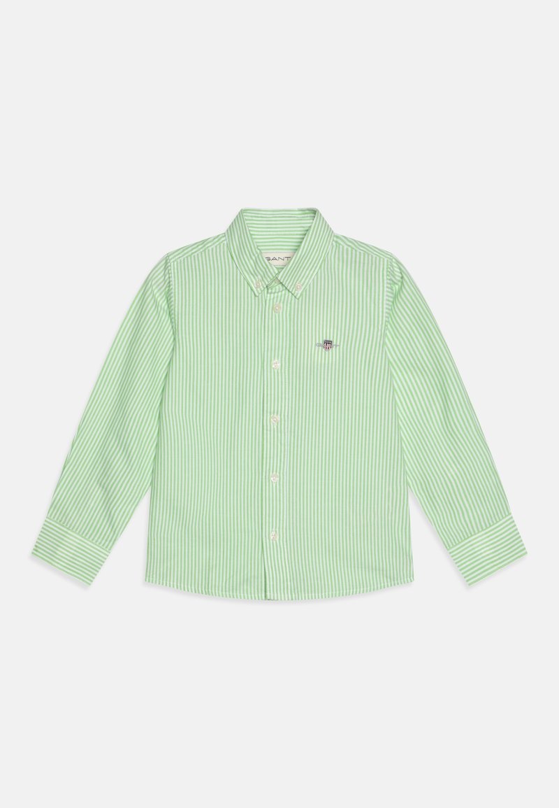 Chemise à manches longues rayée verticalement en vert et blanc avec col boutonné et petit emblème brodé sur la poitrine.