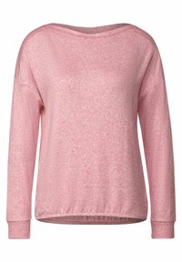 Jasnoróżowy sweter wykonany z miękkiej, teksturowanej tkaniny, z szerokim dekoltem, długimi rękawami i luźnym krojem. Idealny do codziennego noszenia.