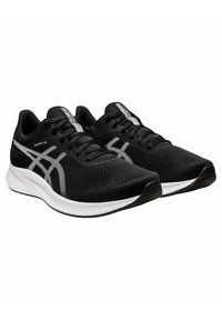 Black running shoes with a mesh upper, white accents, and a textured sole. Features a rounded toe and a lightweight design.