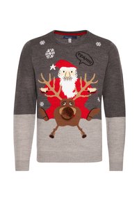 Grauer gestrickter Pullover mit einem bunten Design von Santa und Rentieren, mit einer braunen Pompon-Nase, Schneeflocken und einer Sprechblase.