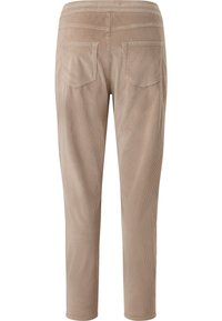 Beige kordtäckta byxor med en slät textur, har två bakfickor och en åtsittande midja, design med cropped ben.