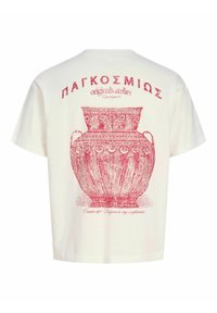 Witte katoenen t-shirt met een rode afbeelding van een klassiek vaas en Griekse tekst op de achterkant. Korte mouwen en een relaxte pasvorm.