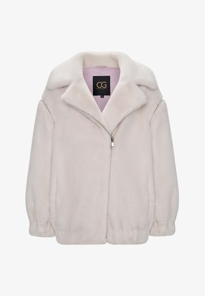 Giacca in pelliccia sintetica rosa chiaro con una texture morbida, colletto a falde e chiusura con zip. Presenta polsini elasticizzati e una vestibilità rilassata.