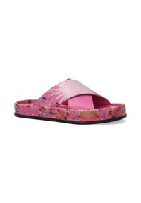 Roze slide-sandalen met een bloemenpatroon en glanzende afwerking. Open teenontwerp, dikke zool met zwarte rand en levendige details langs de randen.