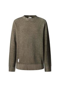 Olivengr�øn ribbet sweater med lange ærmer, rund halsudskæring og struktureret stof. Har kontrasterende stribede kanter ved kanten og ærmerne.