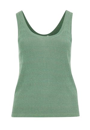Green ribbed tank top with a scoop neckline and wide shoulder straps, featuring a textured fabric and a fitted silhouette.