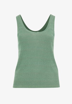 Grön ribbad linne med rundad halsringning och breda axelremmar, med en strukturerad tygkvalitet och en figursydd silhuett.