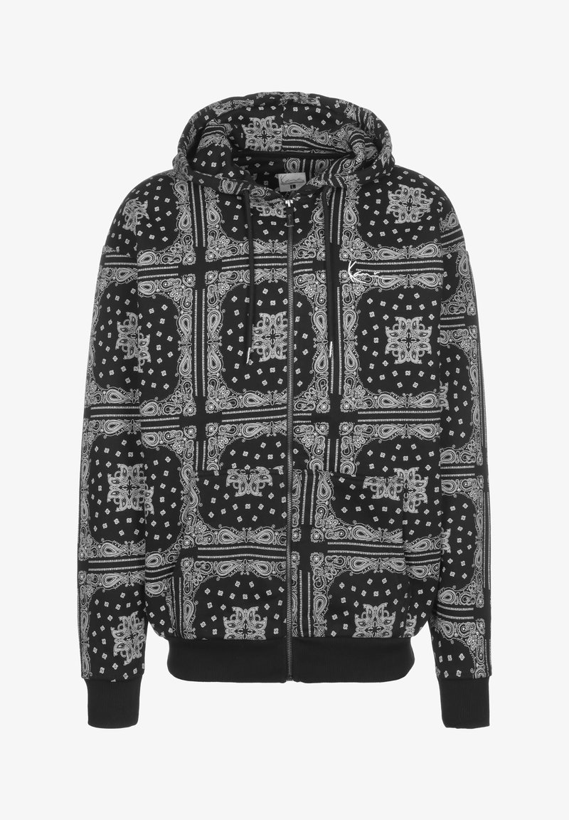 Black zip-up hoodie with white paisley bandana pattern, front pockets, drawstring hood, and ribbed cuffs and hem.