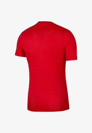 Rotes kurzärmliges Sportshirt mit glatter Textur, rundem Ausschnitt und Mesh-Details am Rücken für Atmungsaktivität.