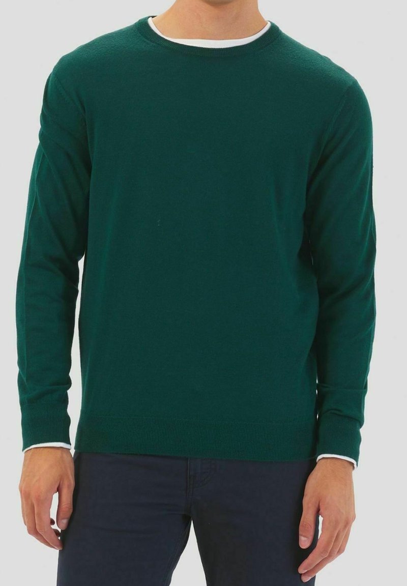 Groene gebreide trui met een ronde hals, lange mouwen en witte accenten bij de manchetten. Gladde textuur, getailleerd ontwerp en geribbelde zoom.