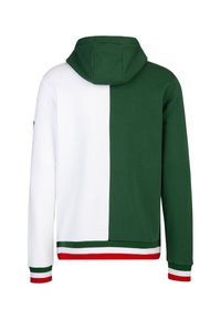 Hoodie met een gesplitst ontwerp; groen aan de ene kant, wit aan de andere kant. Ribgebreide zoom en manchetten met rode en witte strepen. Zacht materiaal.