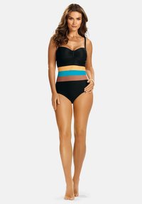 Czarny bikini z usztywnionym topem i wysokim stanem, z wielokolorowymi paskami w brązowym, teal i żółtym kolorze na talii.