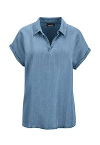 Kurzärmliges Denimhemd in Hellblau mit V-Ausschnitt, aufgerollten Ärmeln und lockerer Passform mit geradem Saum.